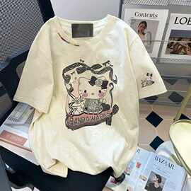 女童卡通猫咪T恤夏季儿童复古漫画风印花短袖韩系洋气休闲上衣潮