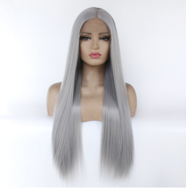 Europa y América de moda fibra química frente encaje pelucca de cabello largo y recto gris cubierta de cabeza comercio exterior LW0019