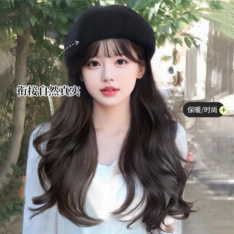 Boina de otoño y invierno para mostrar la cara pequeña peluca sombrero en una nueva moda natural cabeza completa larga rizada cinturón frisa