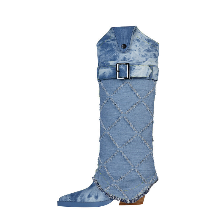 Cross-border foreign trade women's boots with square toe, wide shaft, straight metal buckle, mid-length boots, large size, chunky heel, trouser-style women's boots Cross-border foreign trade women's boots with square toe, wide shaft, straight metal buckle, mid-length boots, large size, chunky heel, trouser-style women's boots