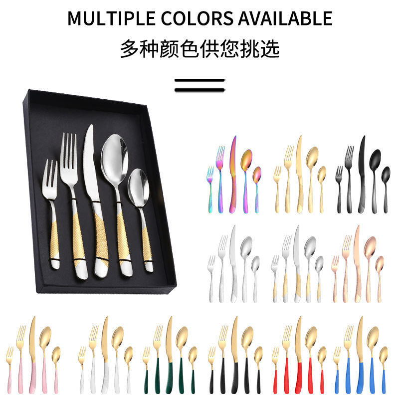 Procesamiento de muestras de acero inoxidable personalizado conjunto de cubiertos 1012 cinco piezas principales cuchillo de filete de comida occidental cuchara caja de regalo personalizada