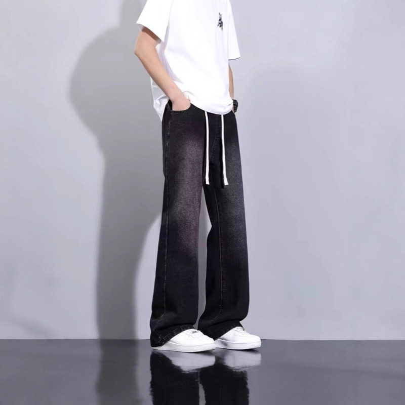 Drawstring Elastic Waist Jeans for Men, Fleece-Lined and Thickened, Loose Straight-Leg, Trendy American-Style Washed Vintage Casual Pants for Autumn and Winter