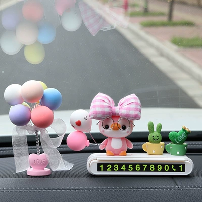 Nömrəli dayanma kartı | creative car accessories, decorative items - bow-tied-penguin-white-parking-tag-green-plant-colorful-bobblehead-balloon