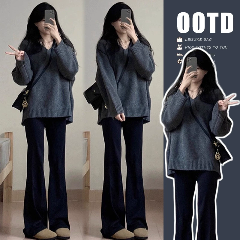 Пятно беременным осенью и зимой новый набор модный повседневный свитер + черные широкие брюки микро-рога