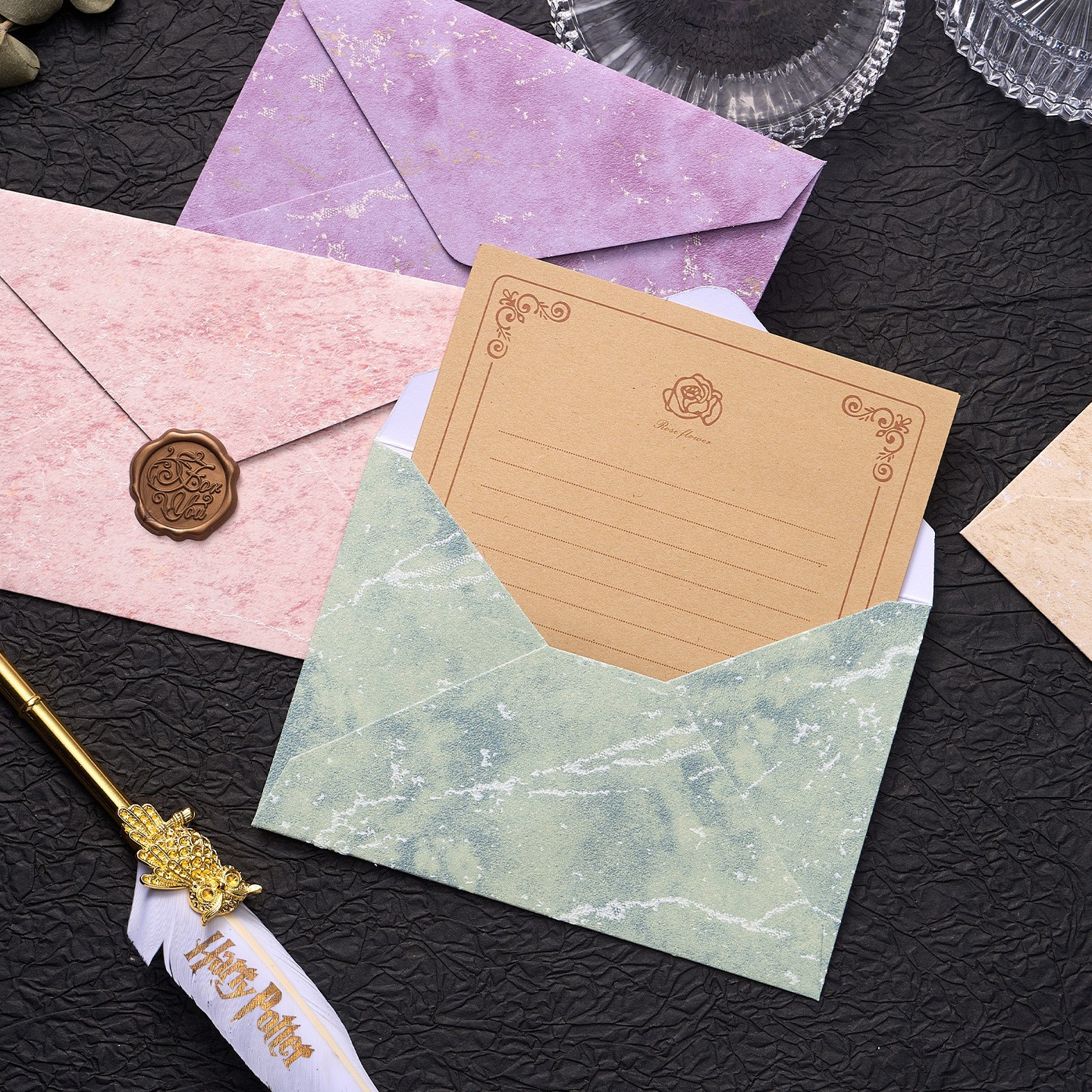 亚马逊热卖鎏金信封复古国风浮雕浪漫手写情书明信片火漆套装信纸