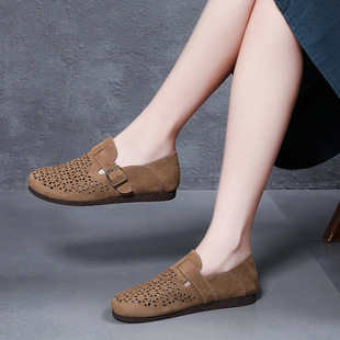 First-Layer Cowhide Flats-Heeled Soft-Soled Breathable Women's Shoes Summer High-Heeled Hole-In-The-Wall Granny Shoes Genuine Leather Middle-Aged and Elderly Mothers 1211