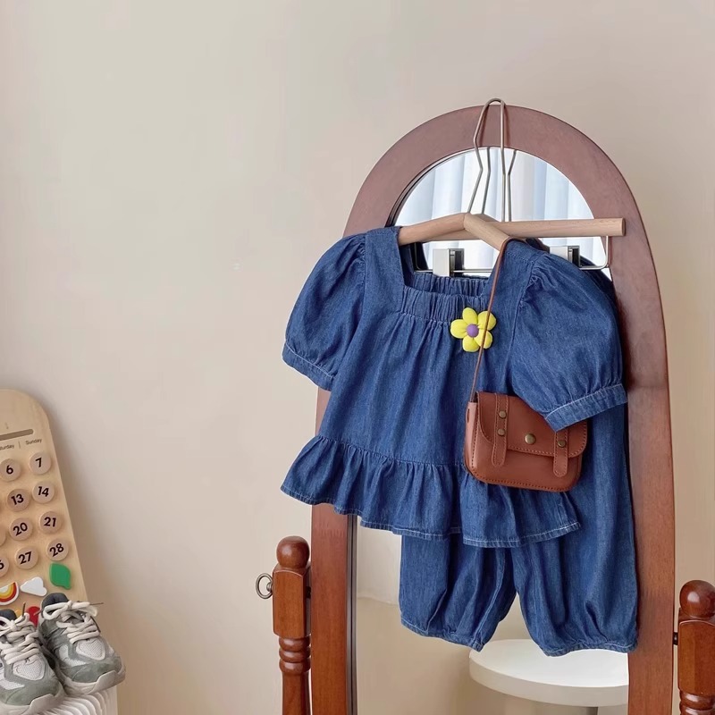 2024 Piger Tyndt Denimsæt Sommertøj Kortærmet Top, Cropped Bukser Børnesportstøj_voghion.com