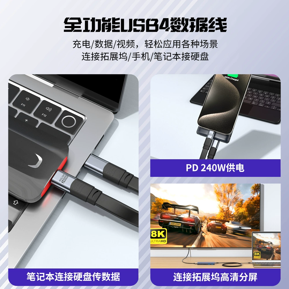 USB4 полная функциональная дата-кабель Type-C двусторонний плоский кабель 40G передача 8K высокое разрешение совместим с Thunderbolt 4