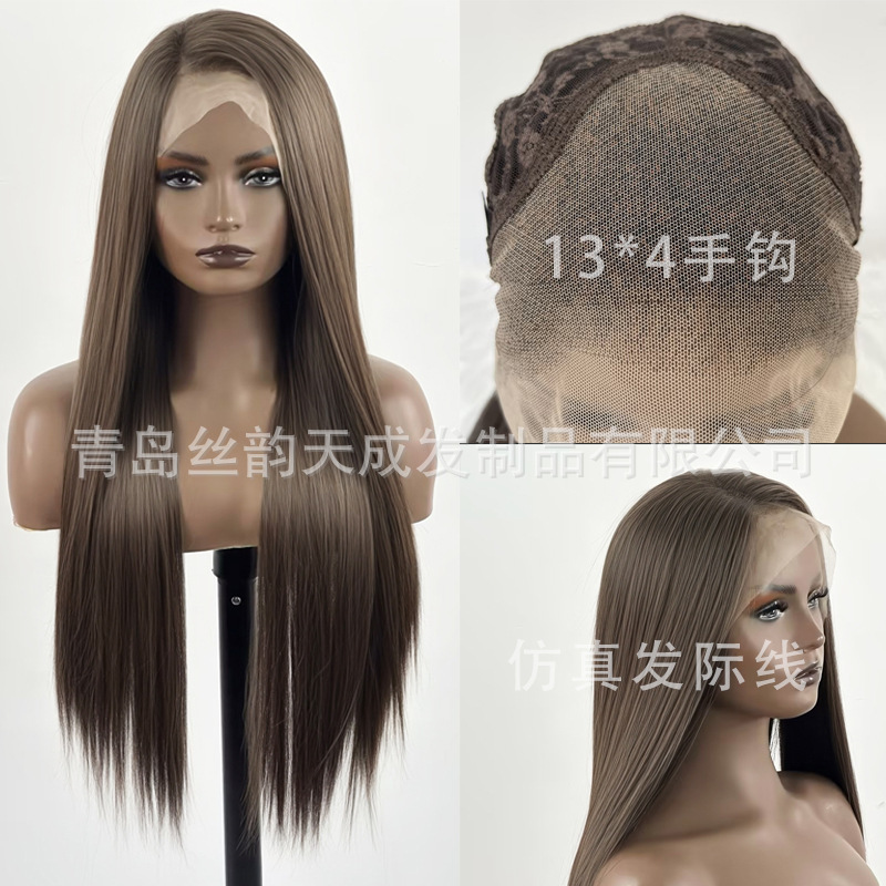 European and American Wig Black Brown Ladies Long Straight Hair Front Lace Twigs High Temperature Silk Hand Hook 13X4 Full Headgear