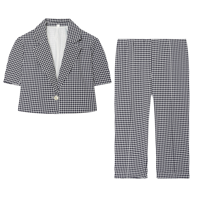 Foreign Trade 2026 New Style Casual Short-Sleeved V-Neck Small Checkered Short Suit 8372324 Capri Pants 8372224 Foreign Trade 2026 New Style Casual Short-Sleeved V-Neck Small Checkered Short Suit 8372324 Capri Pants 8372224
