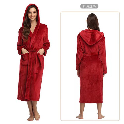 European and American autumn and winter flannel thick nightgown extended style lace solid color hooded bathrobe for women