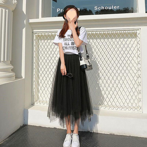 Irregular mesh half skirt 2025 new model all-season wearable medium-length versatile high-waist slimming large swing skirt