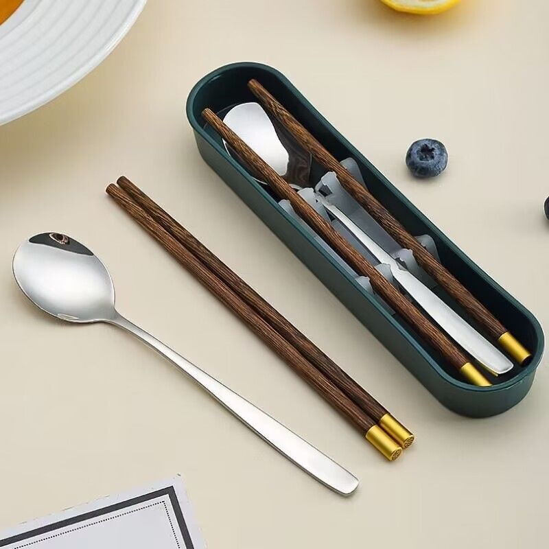 Portable Cutlery Set: Natural Chicken Wing Wood Chopsticks, Spoon, Fork Set for Outdoor Travel and Students with Storage Box