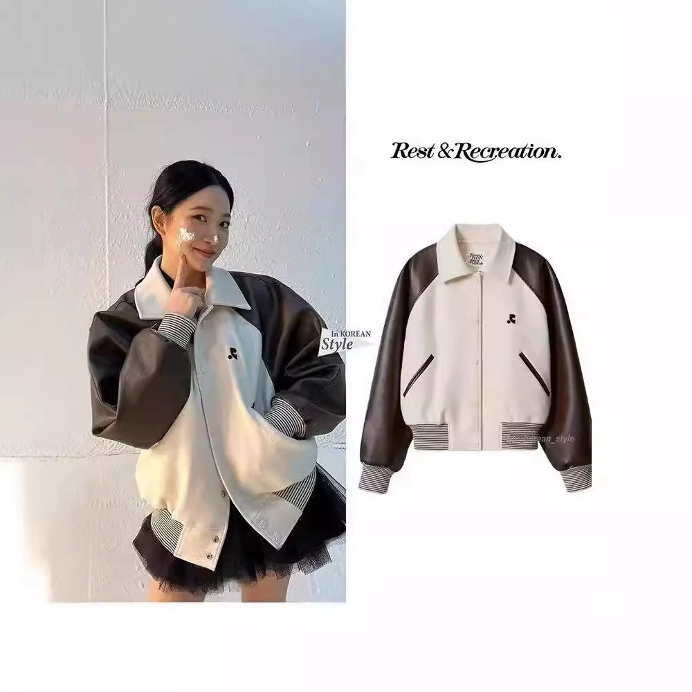 Корейская форма RestRecreation кожаный рукав бейсбольный костюм корейская свободная ретро-цветная вышивка с вышивкой для мужчин и женщин куртка