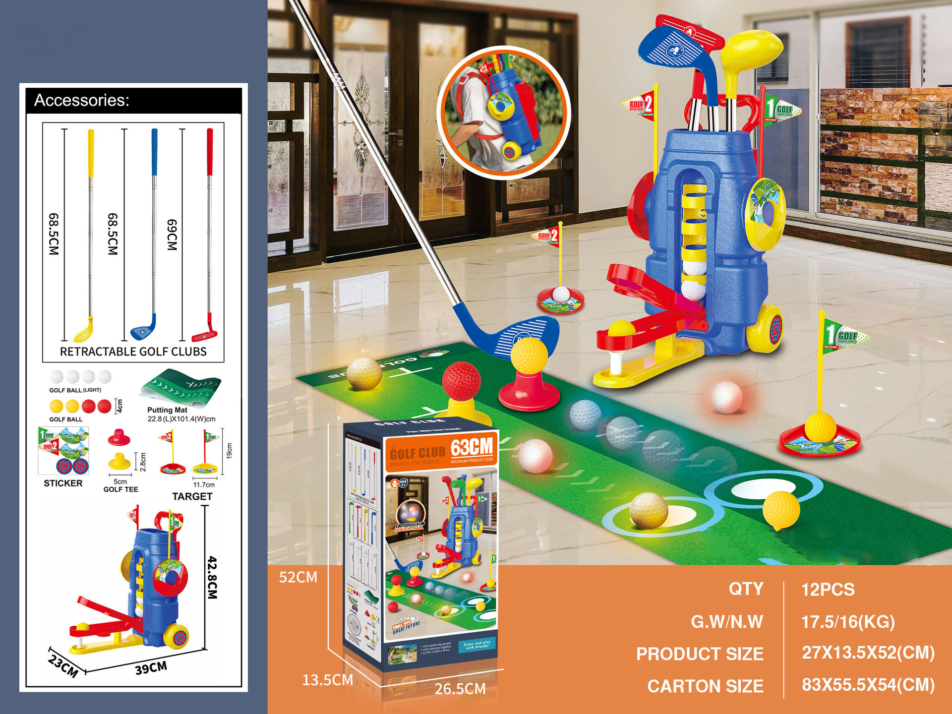 Golf infantil transfronterizo en interiores y exteriores caja telescópica juguete deportivo interactivo padre-hijo simulación juego de golf
