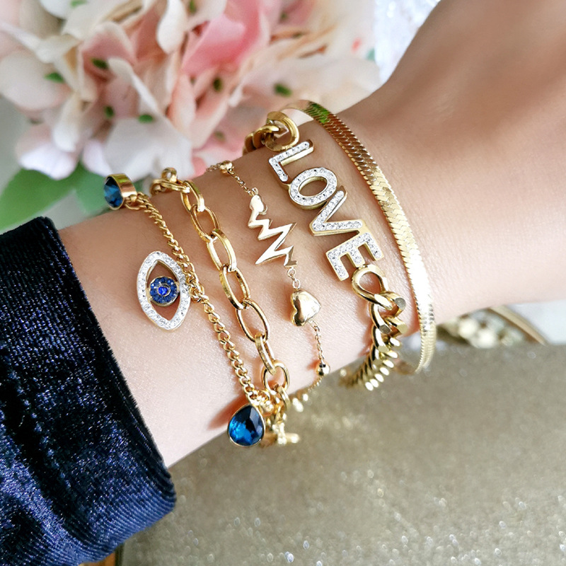 Fashion Heart Shape Eye Stainless Steel Inlay Rhinestones Bracelets 1 Piece