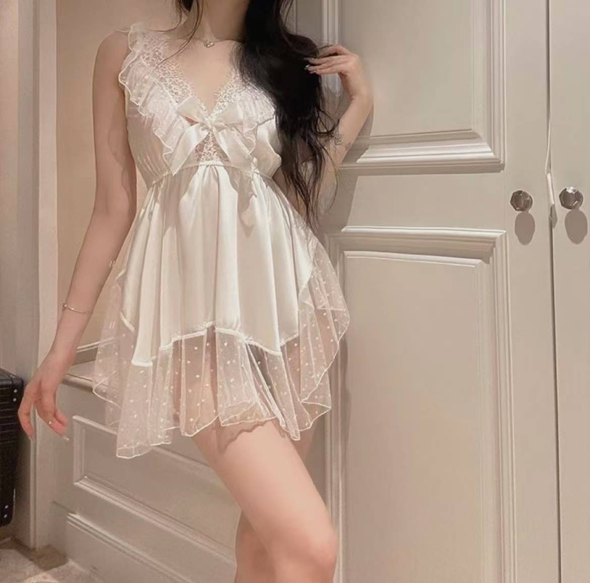 Plus Size Mesh Sling Nightgown, Backless Polka Dot Babydoll in Pink Polyester — detail image 4