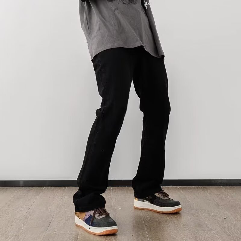 Men's High Street American Retro Washed Denim Jeans Loose Fit Slightly Flared Wide Leg Floor Length Slimming Blue Jeans_mkmklike.com