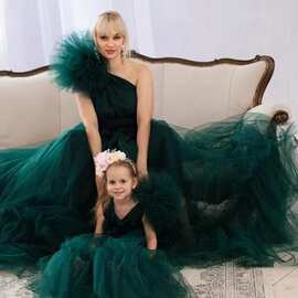 跨境外单单肩网纱连衣裙亚马逊热卖绿色亲子装生日宴派对礼服批发