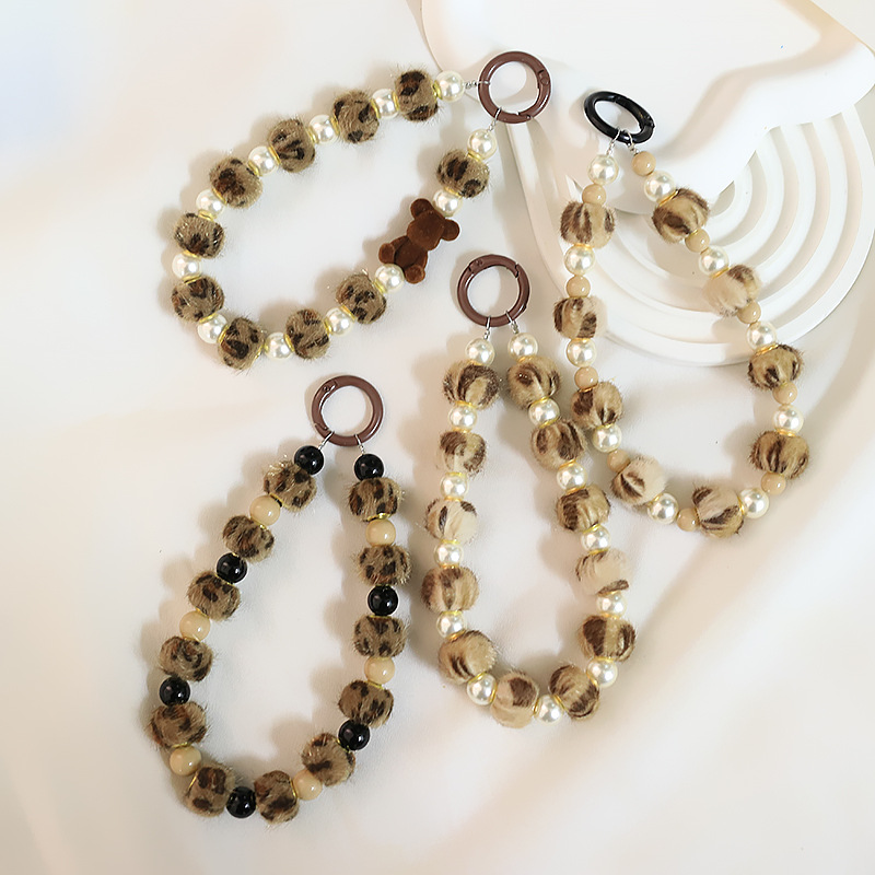 Autumn and Winter leopard print fluff beaded mobile phone chain pendant fashion car key ring accessories live wholesale