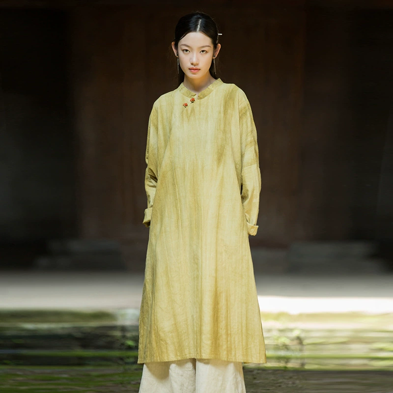 Женское платье-ципао осенне-зимнее, оригинальное, улучшенное, ручной работы, с эффектом тай-дай, свободного кроя, в китайском стиле, с воротником-стойкой, асимметричное