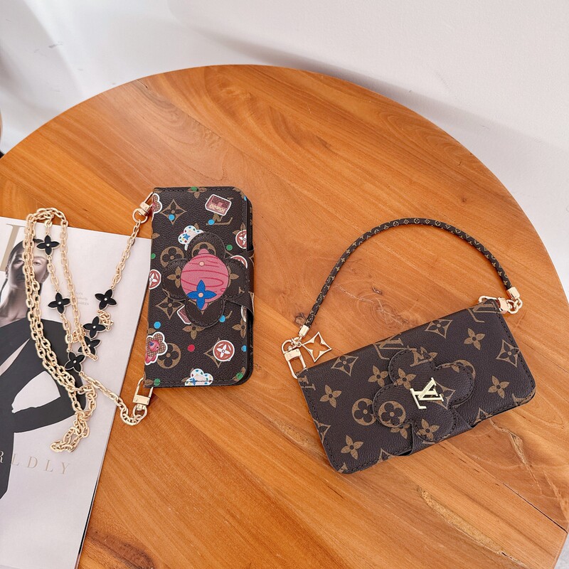 Lv Left and Right Card-Inserting Leather Case Suitable for Apple 15 Stylish Phone Case Trendy 16Pro Phone Protective Cover