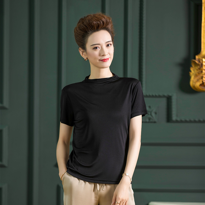 단색 조커 실크 탑 여성용 뽕나무 실크 반팔 티셔츠 조수 어머니 슬림핏 스웨터 F2356 세대