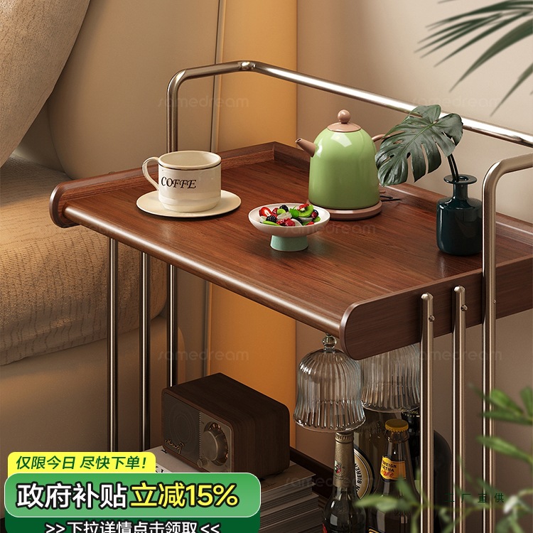 Medieval Style Movable Sofa Side Table Solid Wood Trolley Side Cabinet Small Table High-End Coffee Table Storage Rack