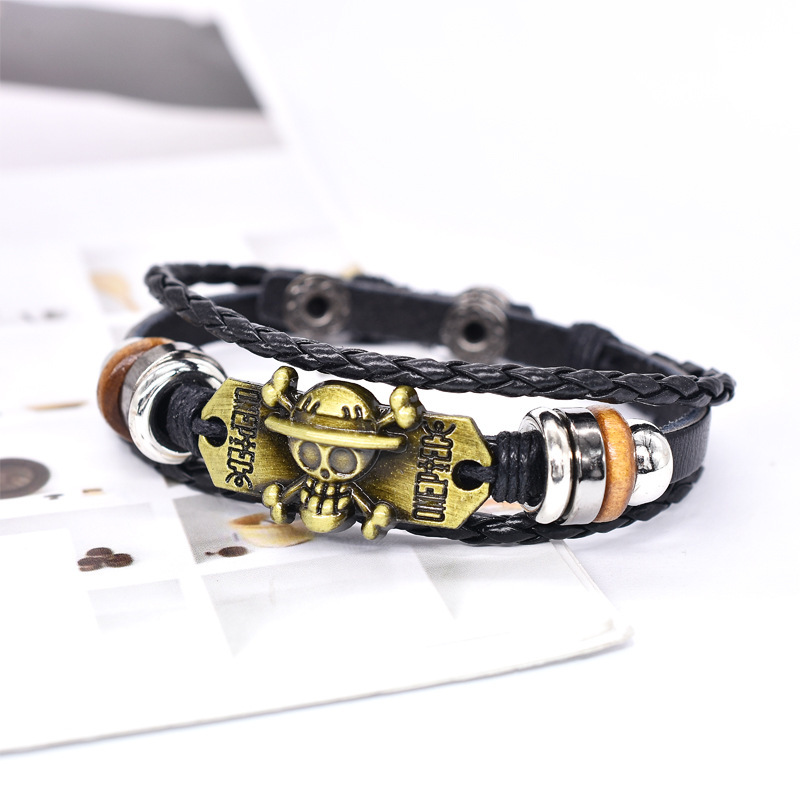 Japanese Student Animation Surrounding One Piece Cowhide Bracelet Skull Zinc Alloy Hand-woven Beaded Leather Bracelet