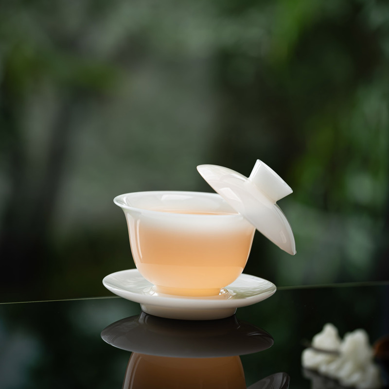 高档冰种璞玉三才盖碗陶瓷单个潮汕功夫茶具泡茶杯白瓷印logo送礼|undefined