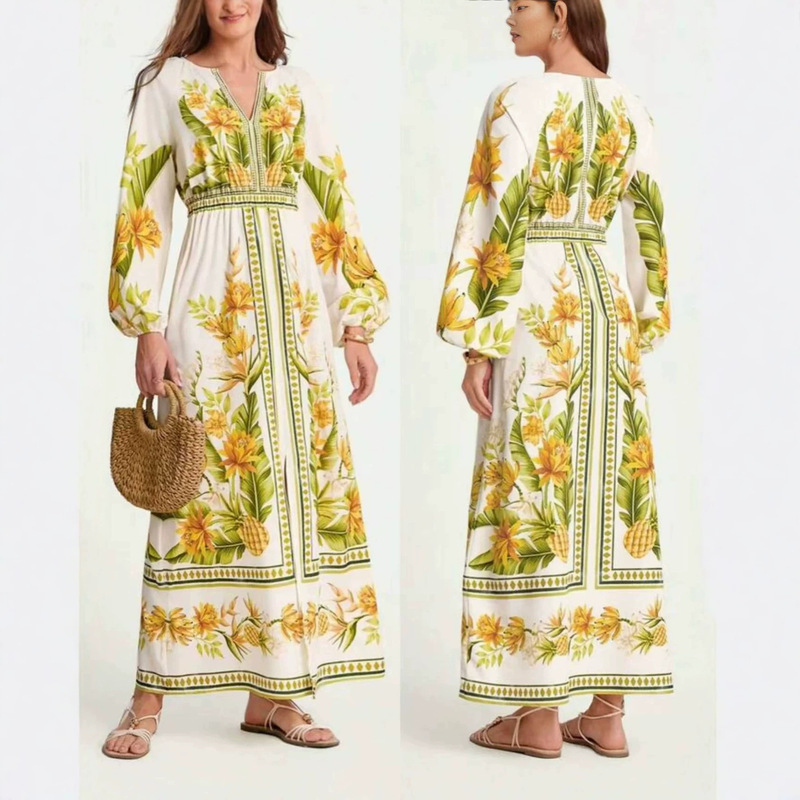 2026 Cross-Border Amazon Hot-Selling V-Neck Printed Bohemian Style Long Dress with Puff Sleeves