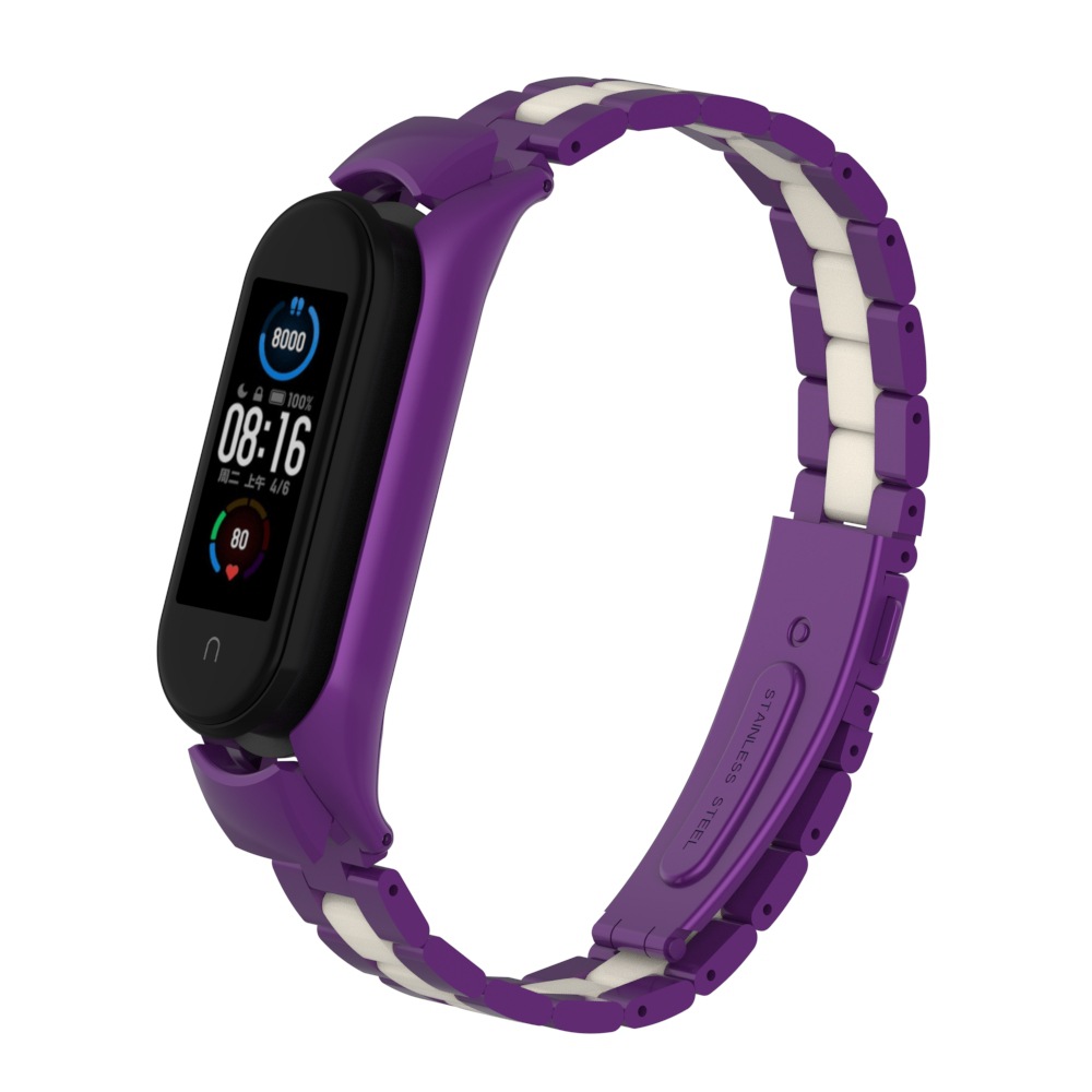 适用小米手环5三珠表带 小米手环6双弹簧金属壳 三珠间色金属腕带