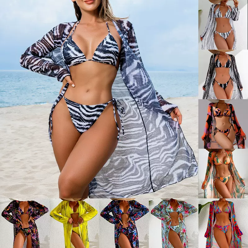 性感bikini三件套纱裙泳装欧美新款比基尼网纱印花度假海边女泳衣