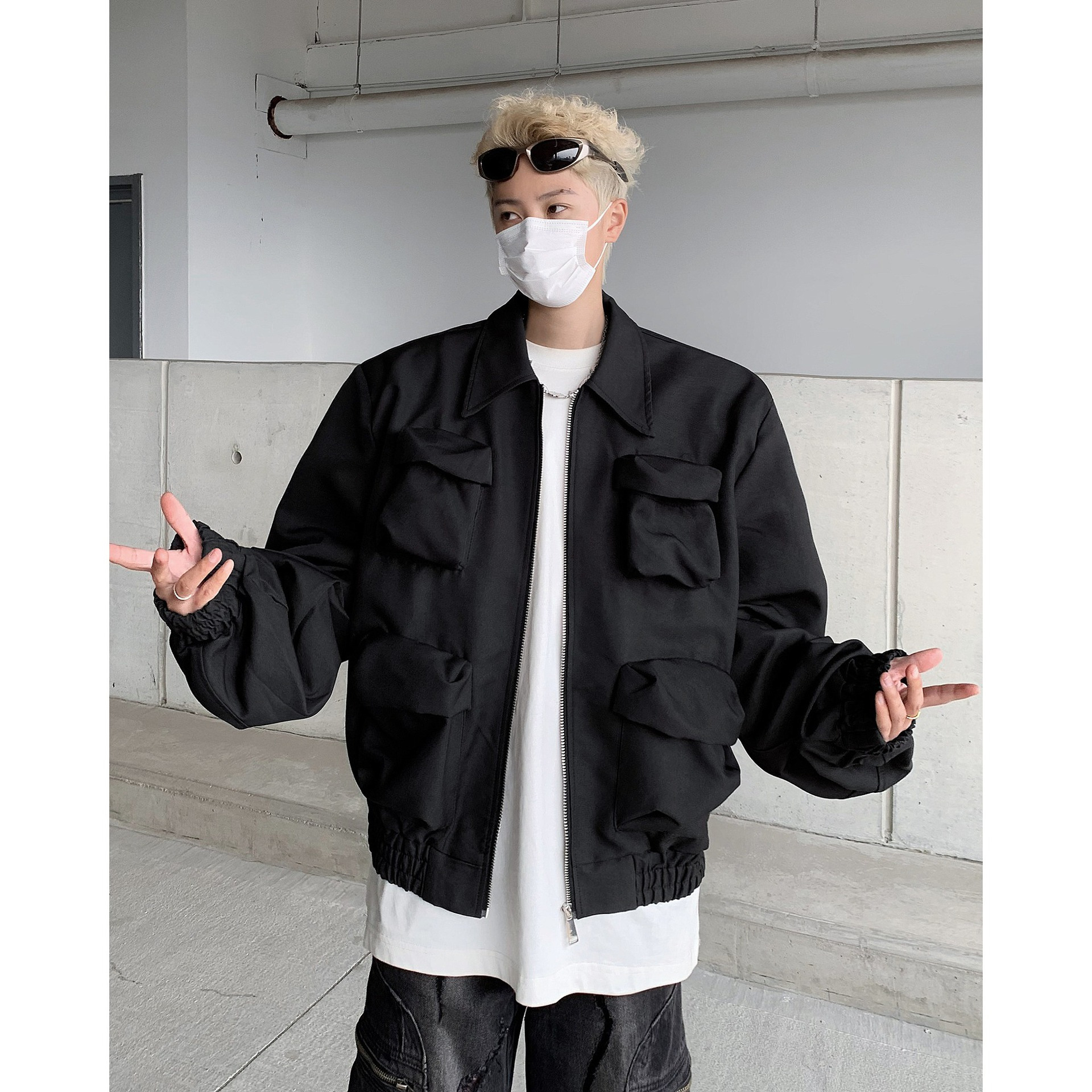 Autumn solid short shoulder pads, jacket with zipper, Korean style
