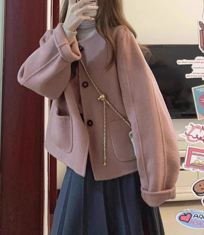 粉色多巴胺甜美风毛呢短款外套女2025年秋冬新款复古宽松呢子大衣|undefined