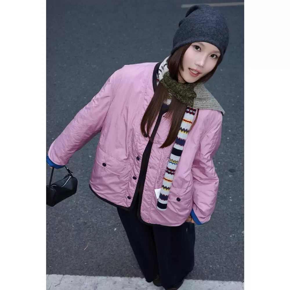 四媛 设计师印花绗缝双面穿棉衣女2025冬季新款撞色外套上衣1124