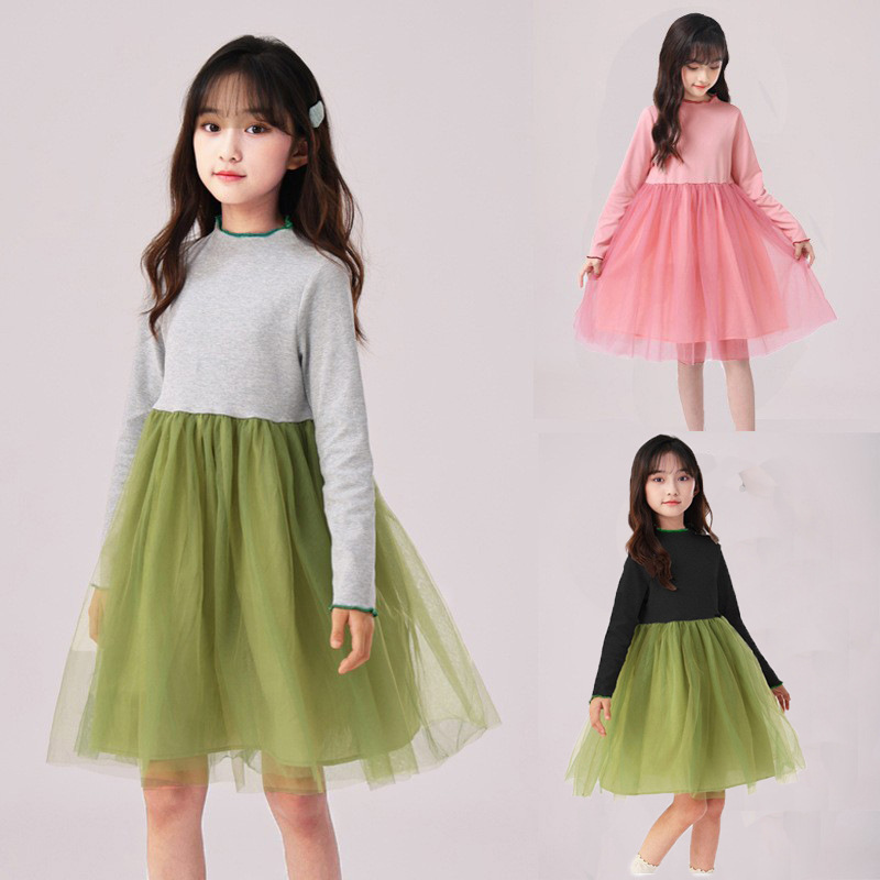 Children's Wear New Color-block Wave Korean Style Children's Dress Soft Mesh Girls' Dress Small and Large Children's Cotton Dress