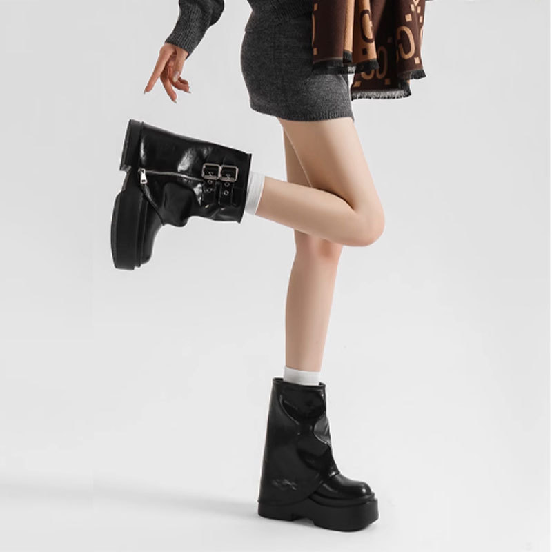 Pantaloncini da donna autunno/inverno 2025 con fibbia e cerniera laterale, stile hot girl alla moda e alla moda, design rialzato con suola spessa._voghion.com