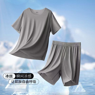 Home Wear Men's 2025 Ice Silk Home Wear Summer Cool Men's Round Neck Short-Sleeved Suit Men's Shorts Pajamas