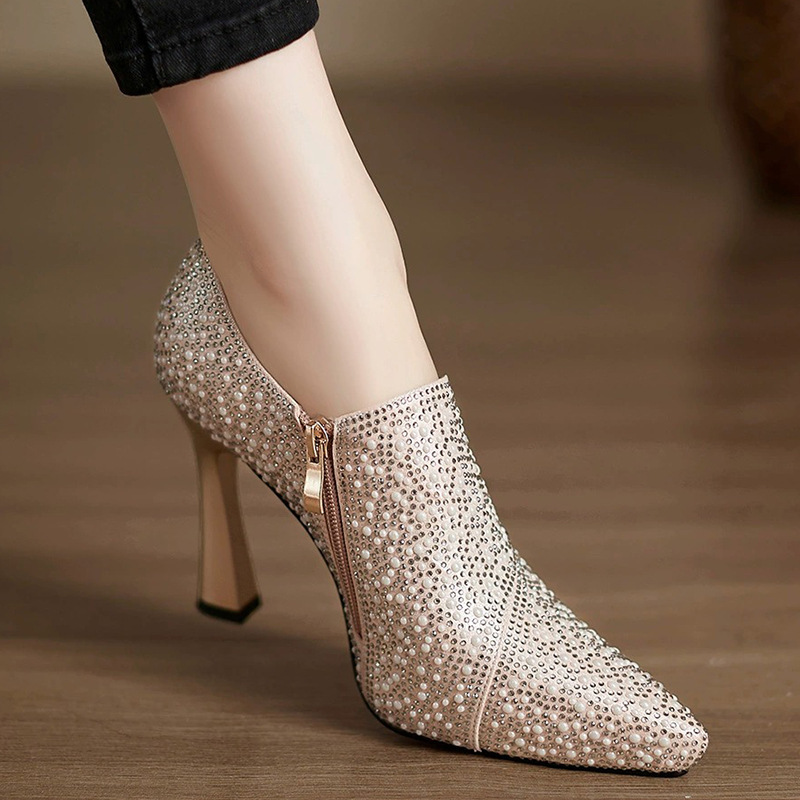 French Fashion Pearl Hot Rhinestone High Heels 2025 Spring New Arrival Side Zipper Pointed Stiletto Heel Women's Fashion Single Shoes