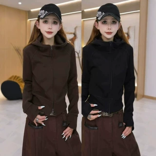 韩系设计感小蛮腰纯色立领连帽卫衣女2026秋冬新款立体裁剪上衣女