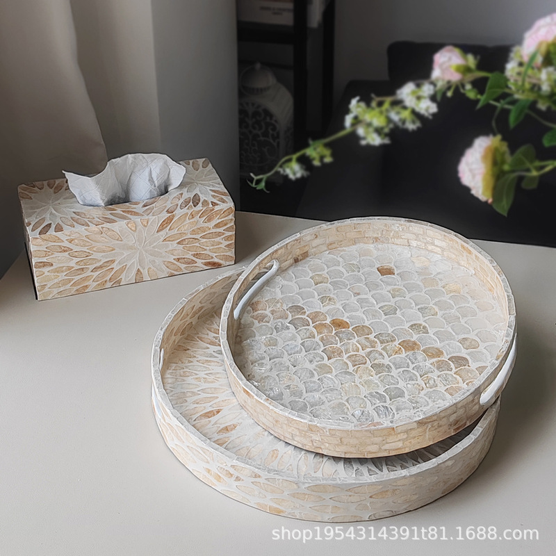 Cross-Border Natural Round Shell Tray with Goldfish Scale Decoration, Fruit Plate, Storage Tray, Home Desktop Organizer, Nordic Style