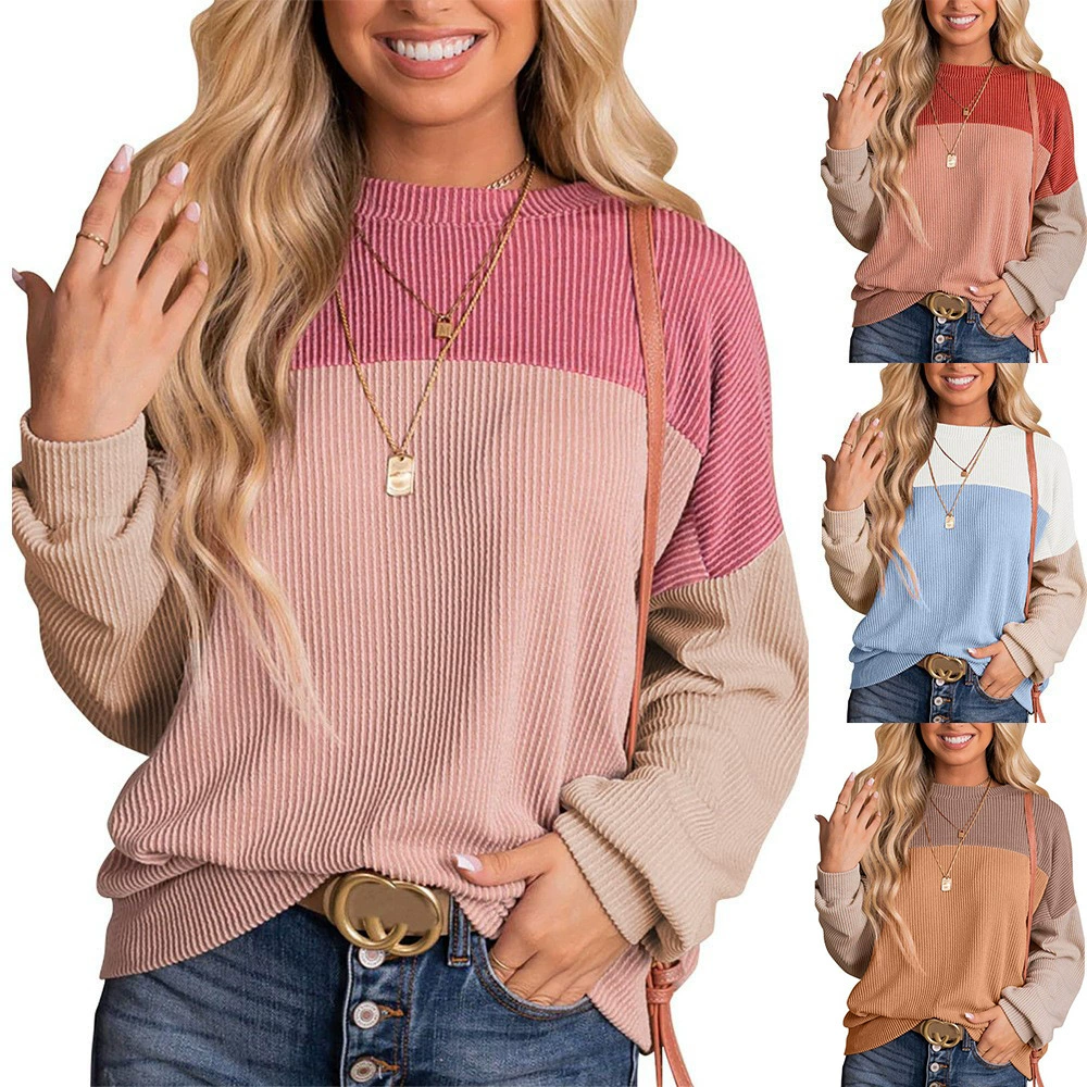 Amazon внешняя торговля Европа и США трансграничная осень и зима 2024 новые круглые воротники и скручивание полоски с длинными рукавами свободная футболка женская