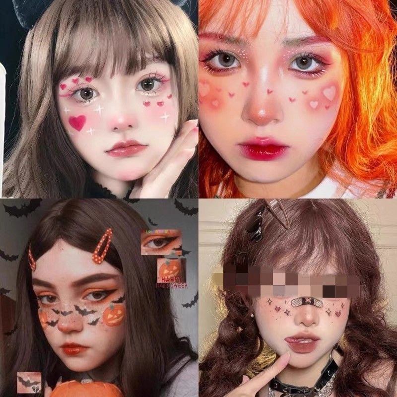 ハロウィーンのキラキラカボチャのタトゥーは小さな悪魔の目尻のメイク顔のシールの小さな魔女の顔のタトゥーを貼っています|undefined