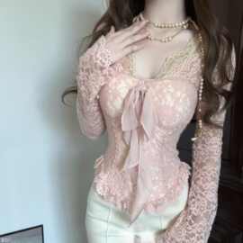 春秋蝴蝶结绑带粉色v领长袖蕾丝T恤女修身收腰设计感纯欲打底上衣