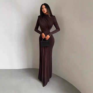 2026新款夏秋款欧美外贸时尚女装纯色圆领长袖女修身包臀连衣裙