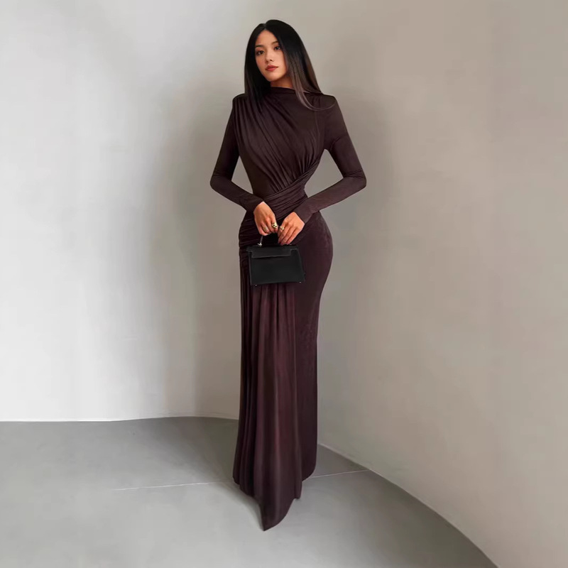 2026 New Summer and Autumn European and American Foreign Trade Fashion Women's Solid Color Round Neck Long-Sleeve Slim Fit Bodycon Dress