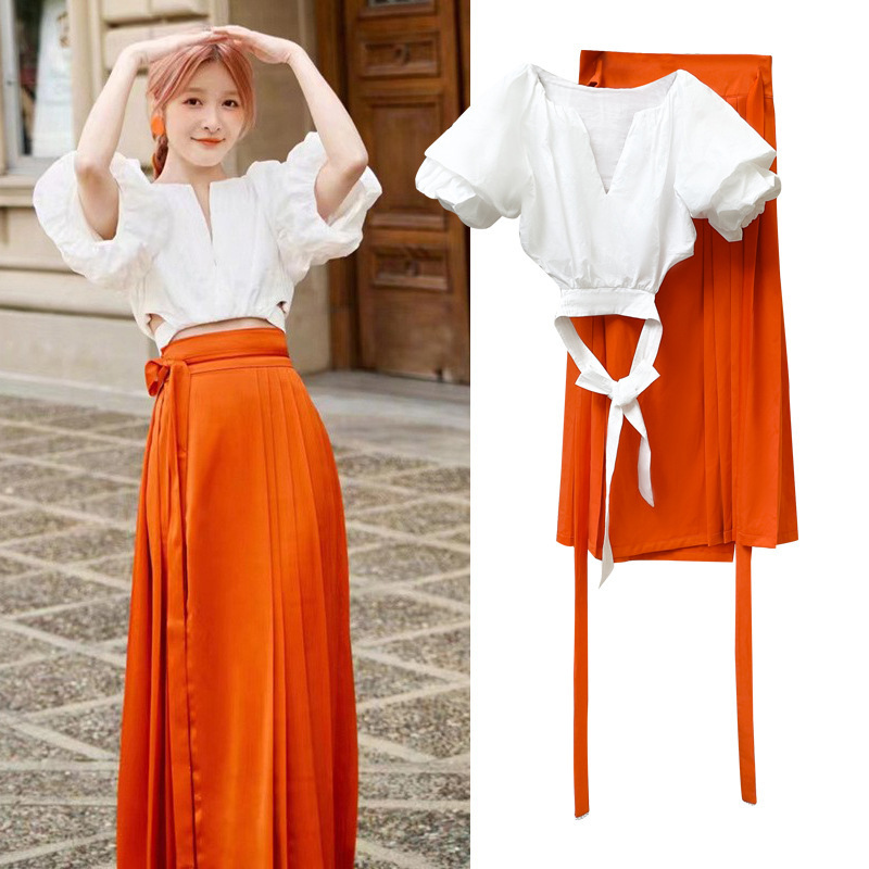 [in stock] 2023 Summer Xu Jiao Han Clothing suit Chinese Style Improved V-Neck Bubble Sleeve Shirt Horse Face Skirt Two-Piece Set
