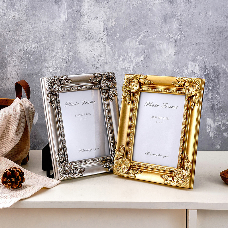 French-Style Vintage Carved Photo Frame, Light Luxury Distressed Gold/Silver Resin, 7inch Photo Display Stand