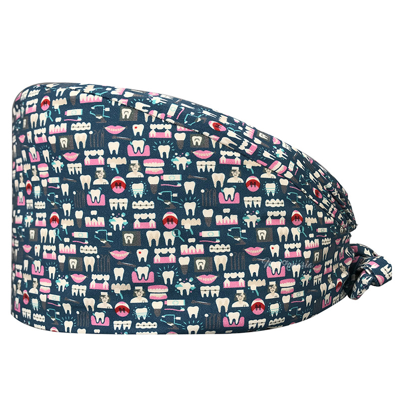 Gorro de Médico de Algodón Puro Estampado para Comercio Exterior, con Correa Ajustable con Botones, Absorbente de Sudor, Gorro de Dibujos Animados para Estudio, Gorro de Enfermera de UCI